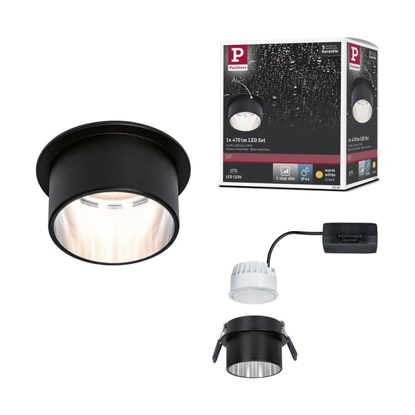Paulmann Infälld LED lampa 3-Step-Dim Gil Coin IP44 rund 68 mm Coin 6W 470lm 230V dimbar 2700K Svart matt, Järn borstat