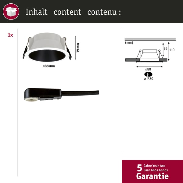 Paulmann Infälld armatur Cole rund 88 mm GU10 max. 10W 230V dimbar Vit, Svart matt