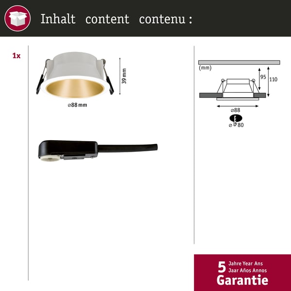 Paulmann Infälld armatur Cole rund 88 mm GU10 max. 10W 230V dimbar Vit, Guld matt