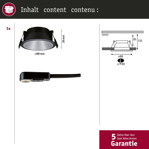 Paulmann Infälld armatur Cole rund 88 mm GU10 max. 10W 230V dimbar Svart, Silver