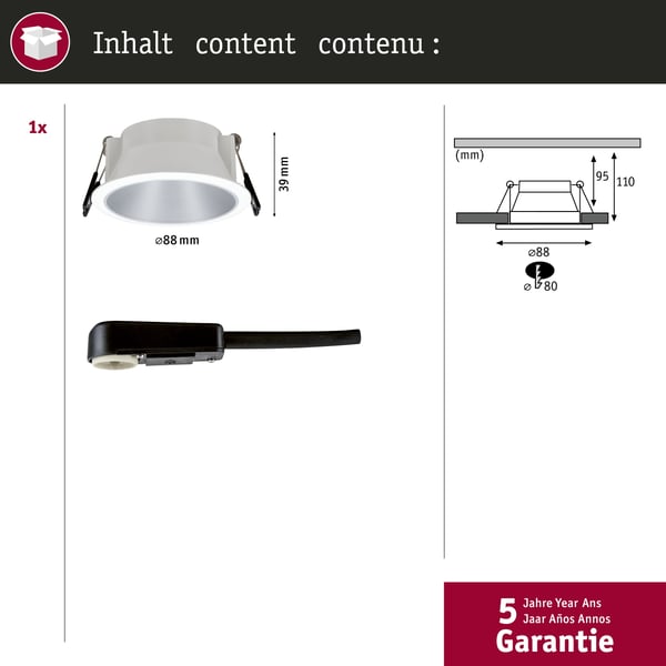 Paulmann Infälld armatur Cole rund 88 mm GU10 max. 10W 230V dimbar Vit, Silver