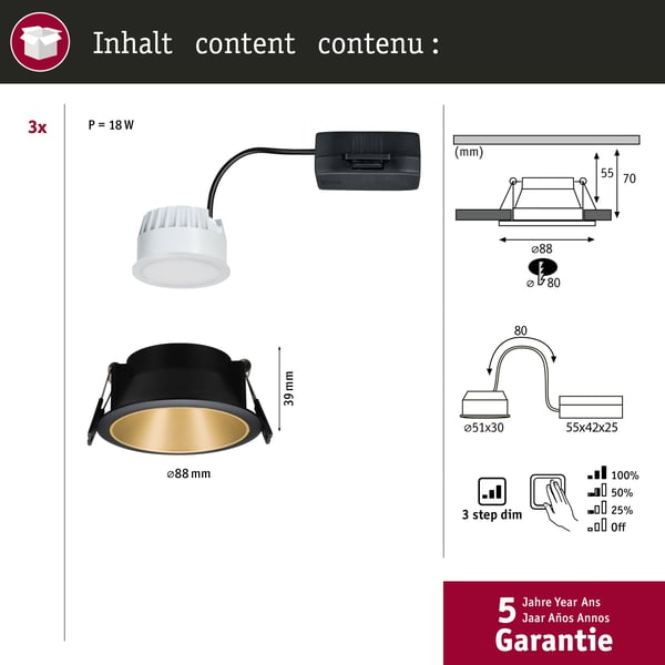 Paulmann Infälld LED lampa 3-Step-Dim Cole Coin IP44 rund 88 mm Coin 3x6W 3x470lm 230V dimbar 2700K Svart, Guld matt