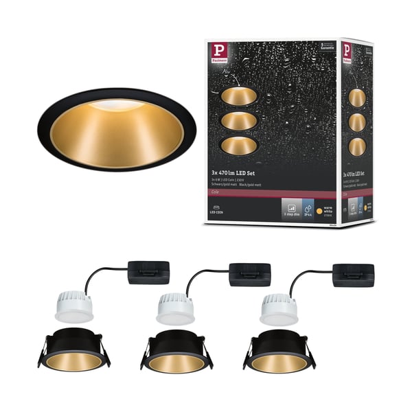 Paulmann Infälld LED lampa 3-Step-Dim Cole Coin IP44 rund 88 mm Coin 3x6W 3x470lm 230V dimbar 2700K Svart, Guld matt