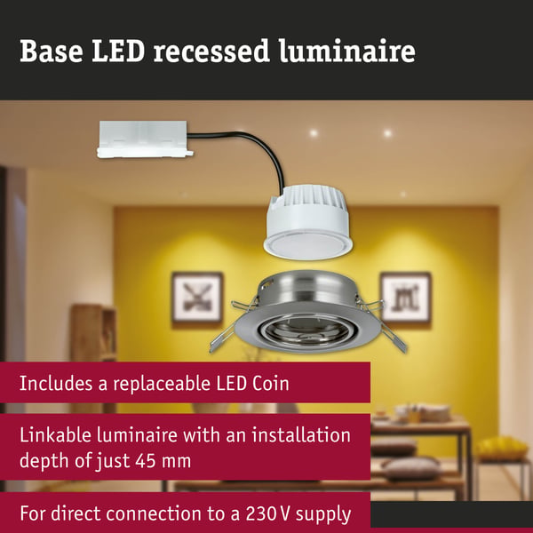Paulmann Infälld LED lampa Base Coin rund 90 mm 20° Coin 5W 370lm 230V 3000K Järn borstat
