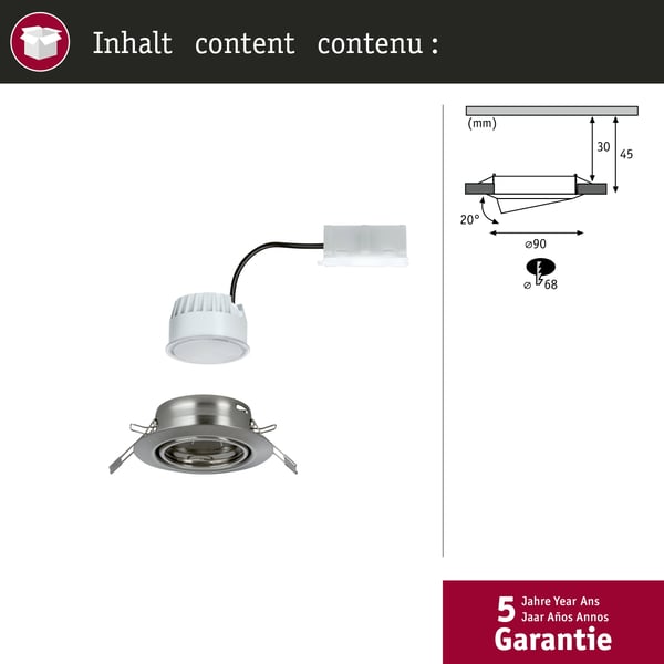 Paulmann Infälld LED lampa Base Coin rund 90 mm 20° Coin 5W 370lm 230V 3000K Järn borstat