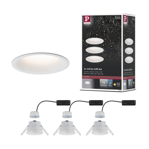 Paulmann Infälld LED lampa Cymbal Coin IP44 rund 77 mm Coin 3x6,7W 3x430lm 230V dimbar 2700K Vit matt