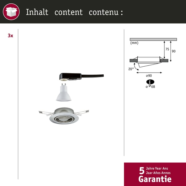 Paulmann Infälld LED lampa Base rund 90 mm 20° GU10 3x5W 3x350lm 230V 3000K Järn borstat