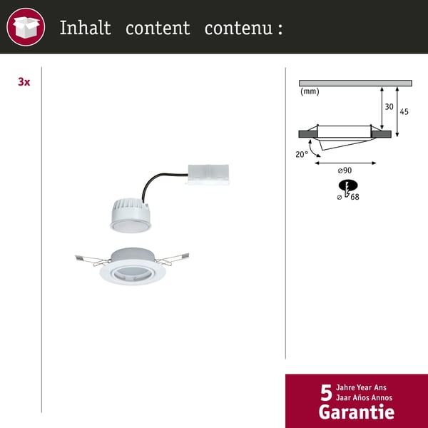 Paulmann Infälld LED lampa Base Coin rund 90 mm 20° Coin 3x5W 3x370lm 230V 3000K Vit