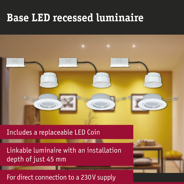 Paulmann Infälld LED lampa 3-Step-Dim Base Coin rund 90 mm 20° Coin 3x5W 3x370lm 230V dimbar 3000K Vit