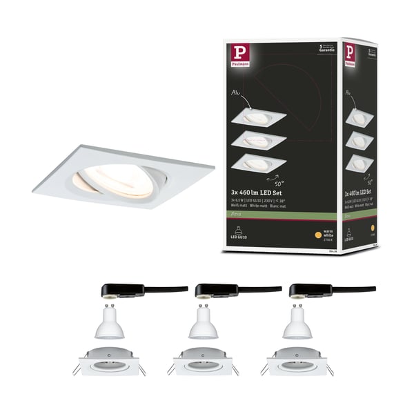 Paulmann Infälld LED lampa Nova vinkelformad 84x84 mm 50° GU10 3x6,5W 3x460lm 230V 2700K Vit matt