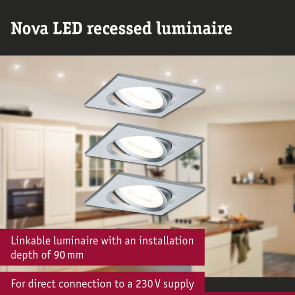 Infälld LED lampa Nova vinkelformad 84x84 mm 50° GU10 3x6,5W 3x460lm 230V 2700K Aluminium vriden