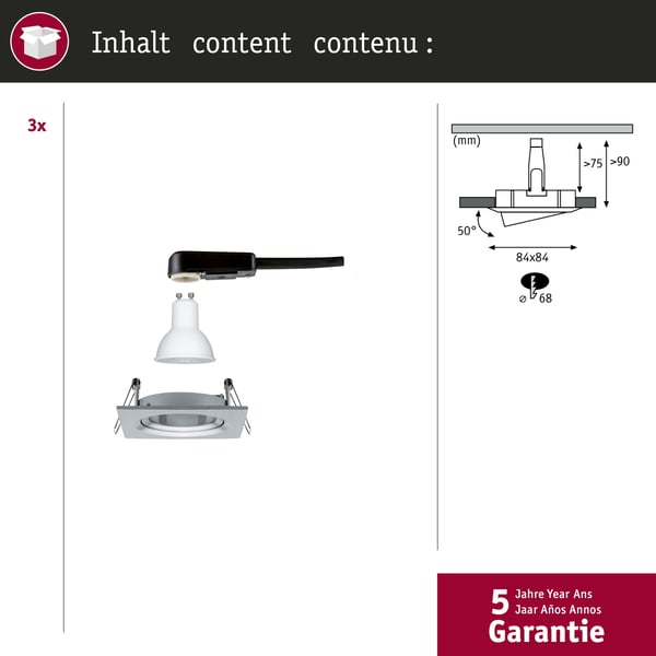 Infälld LED lampa Nova vinkelformad 84x84 mm 50° GU10 3x6,5W 3x460lm 230V 2700K Aluminium vriden