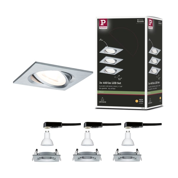 Infälld LED lampa Nova vinkelformad 84x84 mm 50° GU10 3x6,5W 3x460lm 230V 2700K Aluminium vriden
