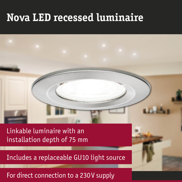 Paulmann Infälld LED lampa Nova IP44 rund 78 mm GU10 6,5W 460lm 230V 2700K Järn borstat