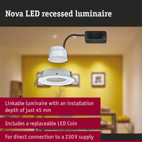 Paulmann Infälld LED lampa Nova Coin rund 84 mm 50° Coin 6W 470lm 230V 2700K Vit matt