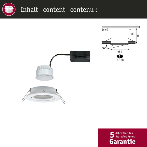 Paulmann Infälld LED lampa Nova Coin rund 84 mm 50° Coin 6W 470lm 230V 2700K Vit matt