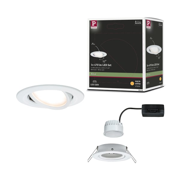 Paulmann Infälld LED lampa Nova Coin rund 84 mm 50° Coin 6W 470lm 230V 2700K Vit matt