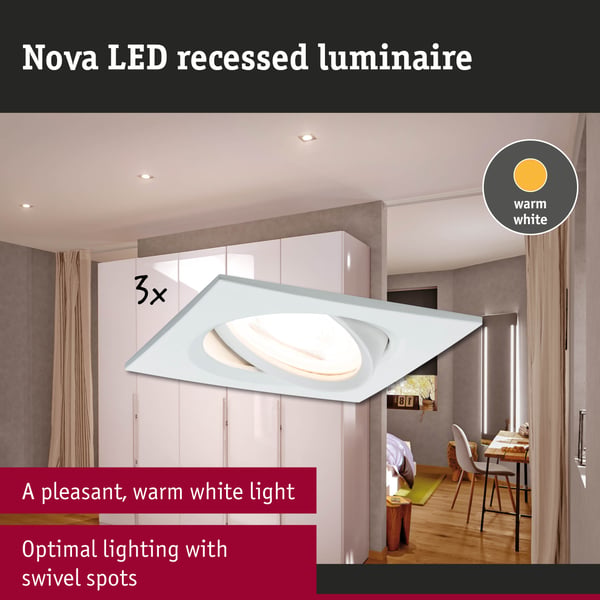 Paulmann Infälld LED lampa Nova Coin vinkelformad 84x84 mm 50° Coin 3x6W 3x470lm 230V 2700K Vit matt