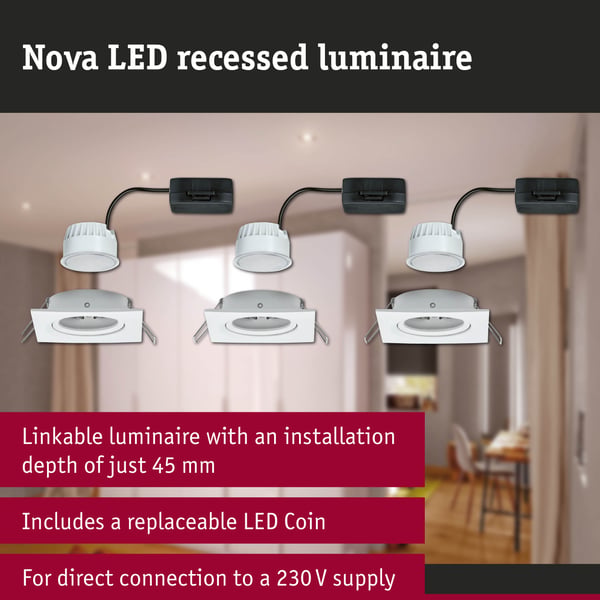 Paulmann Infälld LED lampa Nova Coin vinkelformad 84x84 mm 50° Coin 3x6W 3x470lm 230V 2700K Vit matt