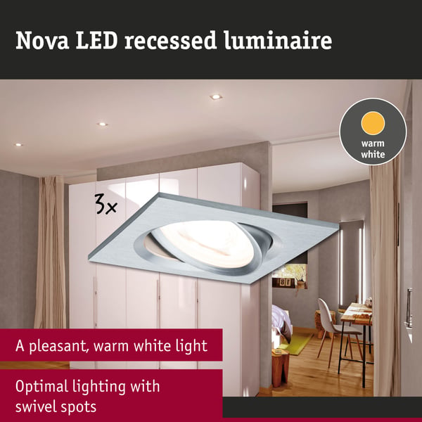 Paulmann Infälld LED lampa Nova Coin vinkelformad 84x84 mm 50° Coin 3x6W 3x470lm 230V 2700K Aluminium vriden