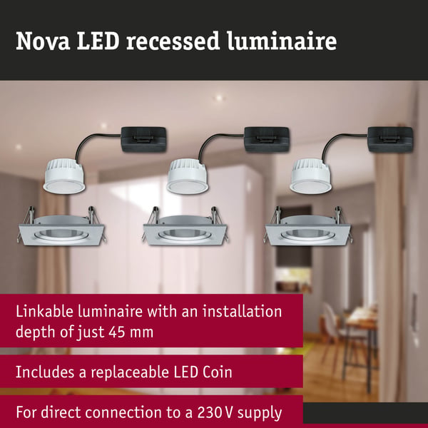 Paulmann Infälld LED lampa Nova Coin vinkelformad 84x84 mm 50° Coin 3x6W 3x470lm 230V 2700K Aluminium vriden