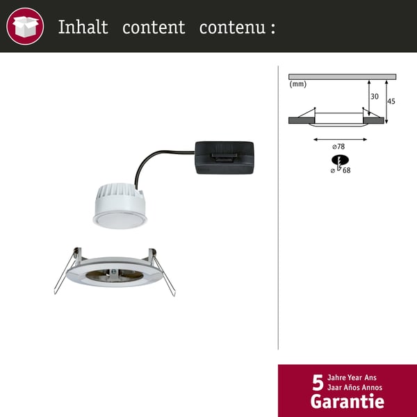Paulmann Infälld LED lampa Nova Coin IP44 rund 78 mm Coin 6W 470lm 230V 2700K Järn borstat