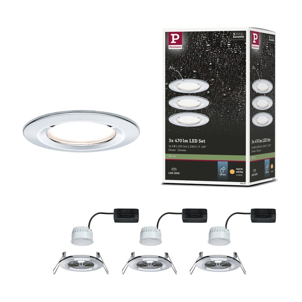 Paulmann Infälld LED lampa Nova Coin IP44 rund 78 mm Coin 3x6W 3x470lm 230V 2700K Krom