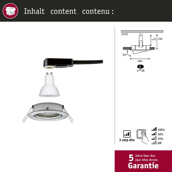 Paulmann Infälld LED lampa 3-Step-Dim Nova rund 84 mm 50° GU10 6,5W 460lm 230V dimbar 2700K Järn borstat
