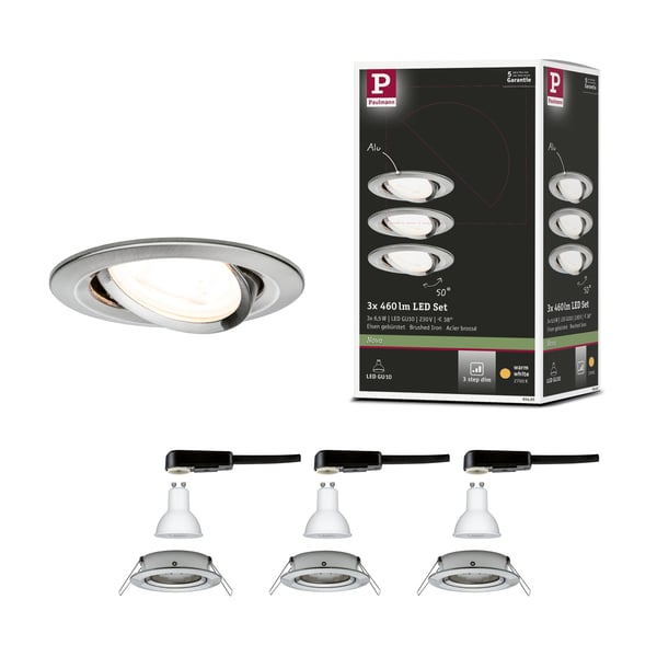 Paulmann Infälld LED lampa 3-Step-Dim Nova rund 84 mm 50° GU10 3x6,5W 3x460lm 230V dimbar 2700K Järn borstat