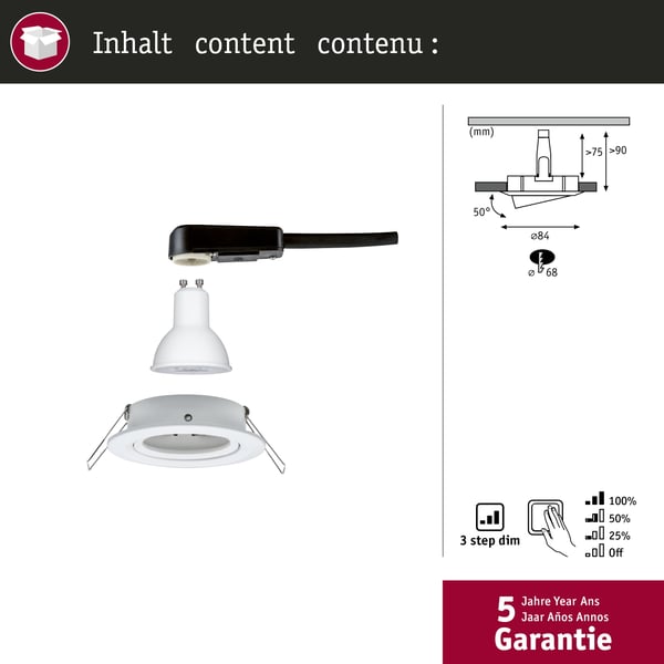 Paulmann Infälld LED lampa 3-Step-Dim Nova rund 84 mm 50° GU10 6,5W 460lm 230V dimbar 2700K Vit matt