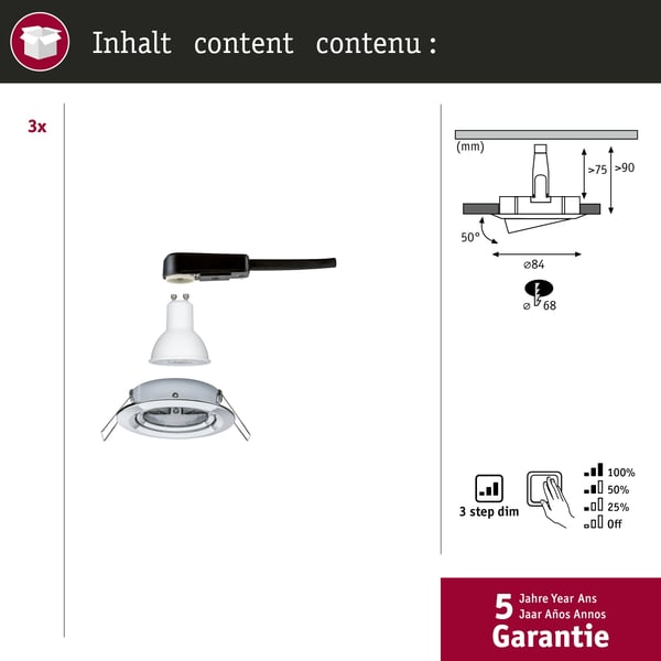 Paulmann Infälld LED lampa 3-Step-Dim Nova rund 84 mm 50° GU10 3x6,5W 3x460lm 230V dimbar 2700K Krom