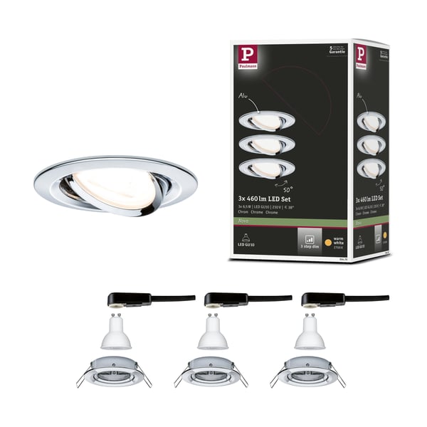 Paulmann Infälld LED lampa 3-Step-Dim Nova rund 84 mm 50° GU10 3x6,5W 3x460lm 230V dimbar 2700K Krom