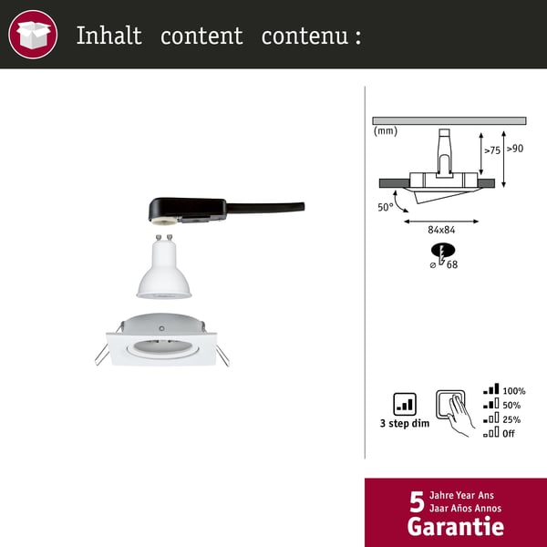 Paulmann Infälld LED lampa 3-Step-Dim Nova vinkelformad 84x84 mm 50° GU10 6,5W 460lm 230V dimbar 2700K Vit matt