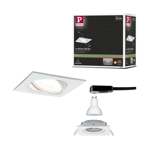 Paulmann Infälld LED lampa 3-Step-Dim Nova vinkelformad 84x84 mm 50° GU10 6,5W 460lm 230V dimbar 2700K Vit matt