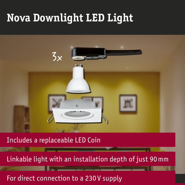 Paulmann Infälld LED lampa 3-Step-Dim Nova vinkelformad 84x84 mm 50° GU10 3x6,5W 3x460lm 230V dimbar 2700K Vit matt
