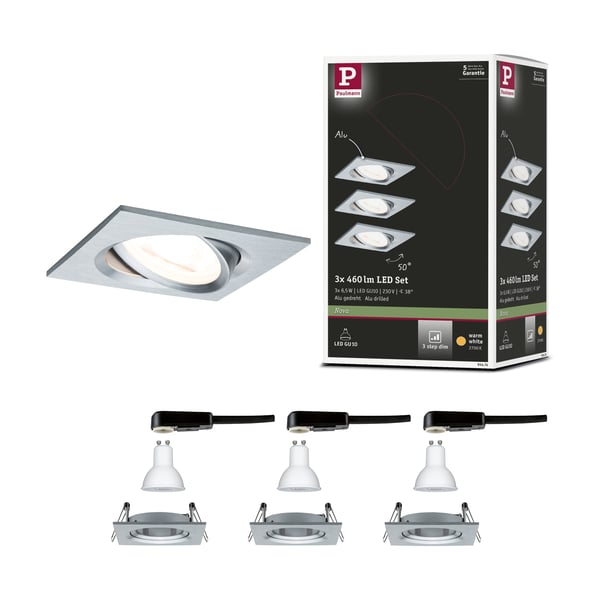 Paulmann Infälld LED lampa 3-Step-Dim Nova vinkelformad 84x84 mm 50° GU10 3x6,5W 3x460lm 230V dimbar 2700K Aluminium vriden