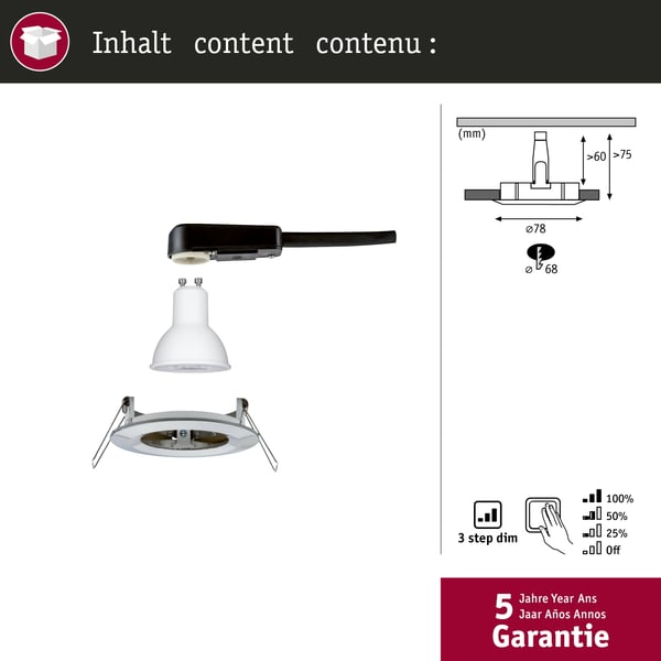 Paulmann Infälld LED lampa 3-Step-Dim Nova IP44 rund 78 mm GU10 6,5W 460lm 230V dimbar 2700K Järn borstat