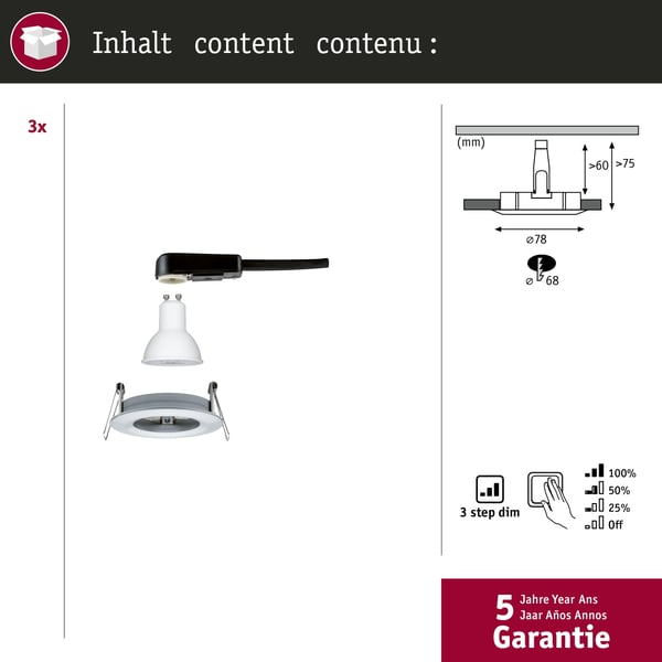 Paulmann Infälld LED lampa 3-Step-Dim Nova IP44 rund 78 mm GU10 3x6,5W 3x460lm 230V dimbar 2700K Aluminium vriden