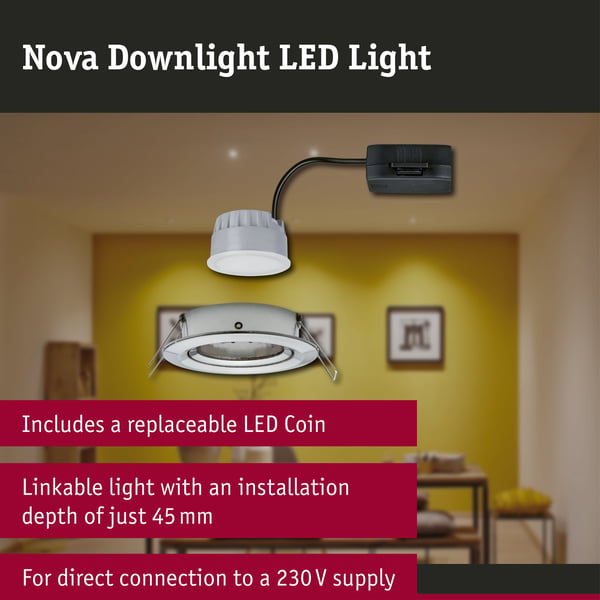 Paulmann Infälld LED lampa 3-Step-Dim Nova Coin 3-stegs dimmer rund 84 mm 50° Coin 6W 470lm 230V dimbar 2700K Järn borstat