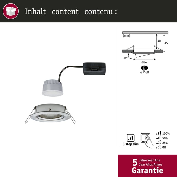 Paulmann Infälld LED lampa 3-Step-Dim Nova Coin 3-stegs dimmer rund 84 mm 50° Coin 6W 470lm 230V dimbar 2700K Järn borstat