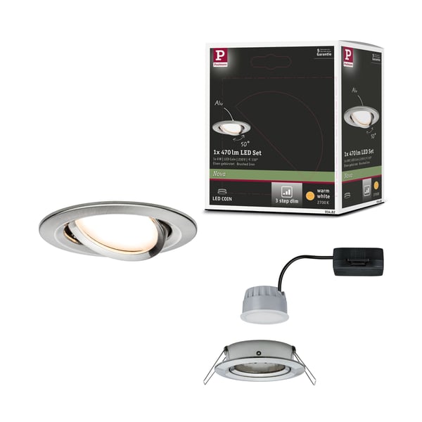 Paulmann Infälld LED lampa 3-Step-Dim Nova Coin 3-stegs dimmer rund 84 mm 50° Coin 6W 470lm 230V dimbar 2700K Järn borstat