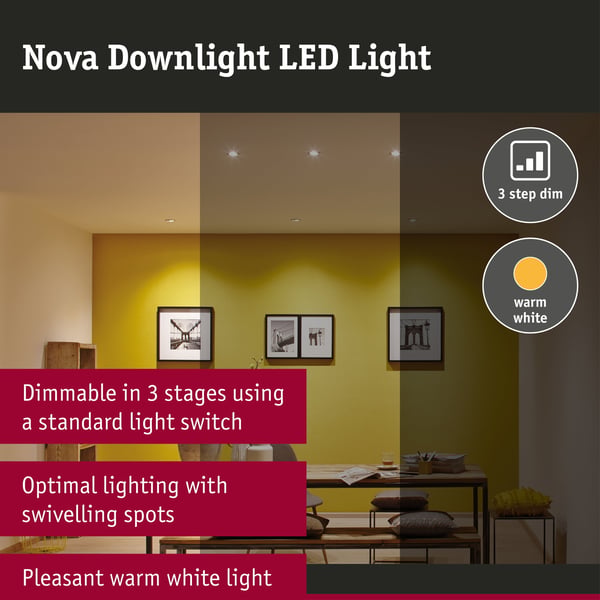 Paulmann Infälld LED lampa 3-Step-Dim Nova Coin 3-stegs dimmer Grundläggande set rund 84 mm 50° Coin 3x6W 3x470lm 230V dimbar 2700K Järn borstat