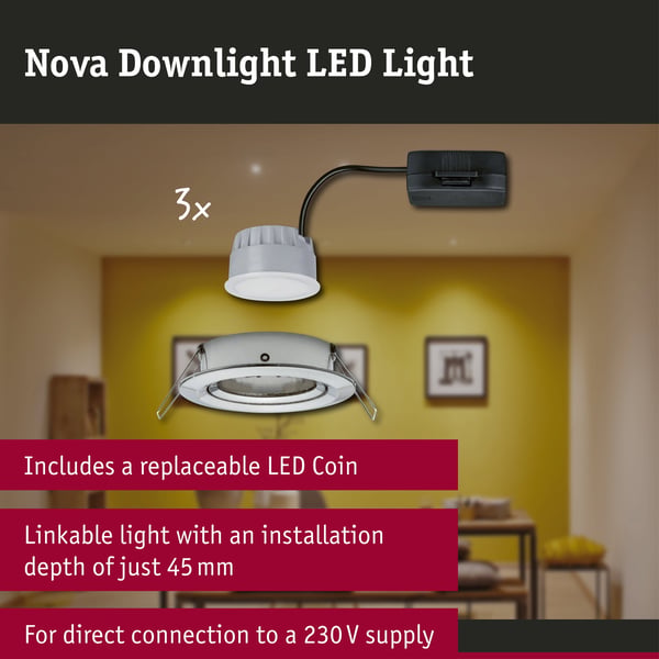 Paulmann Infälld LED lampa 3-Step-Dim Nova Coin 3-stegs dimmer Grundläggande set rund 84 mm 50° Coin 3x6W 3x470lm 230V dimbar 2700K Järn borstat