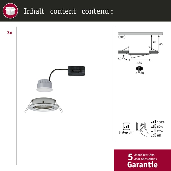 Paulmann Infälld LED lampa 3-Step-Dim Nova Coin 3-stegs dimmer Grundläggande set rund 84 mm 50° Coin 3x6W 3x470lm 230V dimbar 2700K Järn borstat