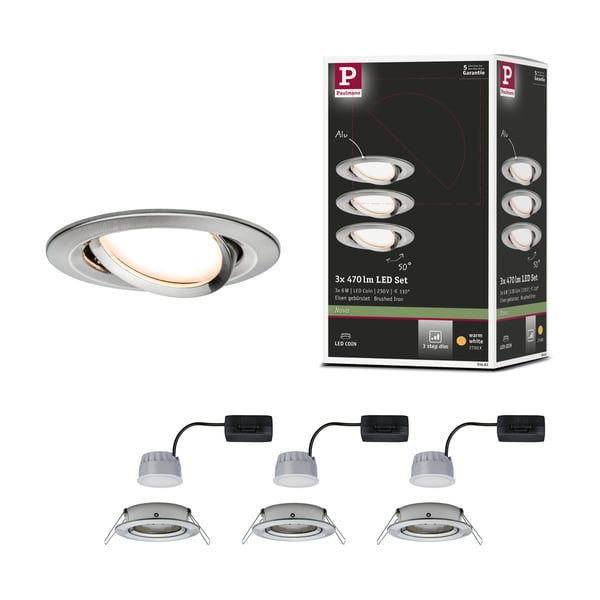 Paulmann Infälld LED lampa 3-Step-Dim Nova Coin 3-stegs dimmer Grundläggande set rund 84 mm 50° Coin 3x6W 3x470lm 230V dimbar 2700K Järn borstat