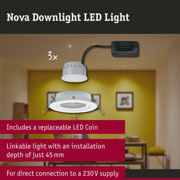 Paulmann Infälld LED lampa 3-Step-Dim Nova Coin 3-stegs dimmer Grundläggande set rund 84 mm 50° Coin 3x6W 3x470lm 230V dimbar 2700K Vit matt