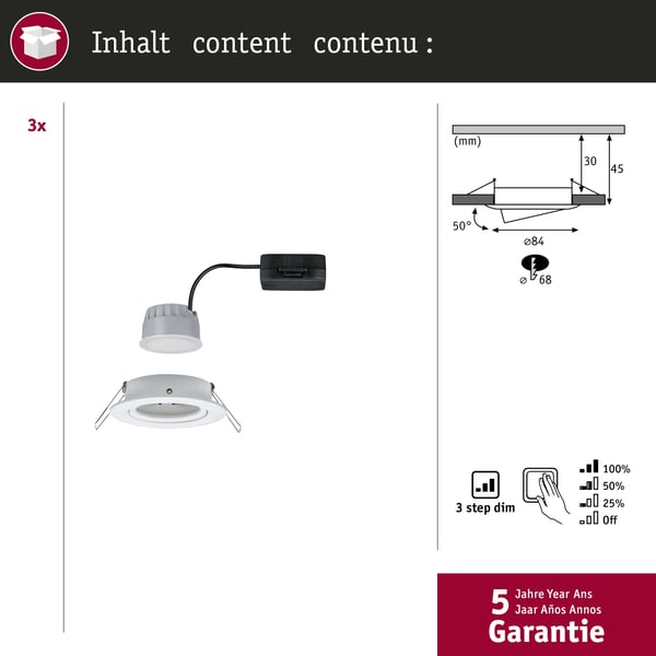 Paulmann Infälld LED lampa 3-Step-Dim Nova Coin 3-stegs dimmer Grundläggande set rund 84 mm 50° Coin 3x6W 3x470lm 230V dimbar 2700K Vit matt