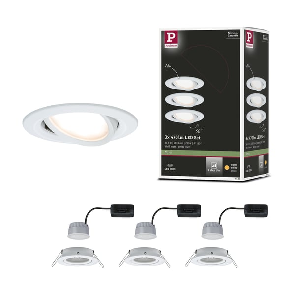 Paulmann Infälld LED lampa 3-Step-Dim Nova Coin 3-stegs dimmer Grundläggande set rund 84 mm 50° Coin 3x6W 3x470lm 230V dimbar 2700K Vit matt