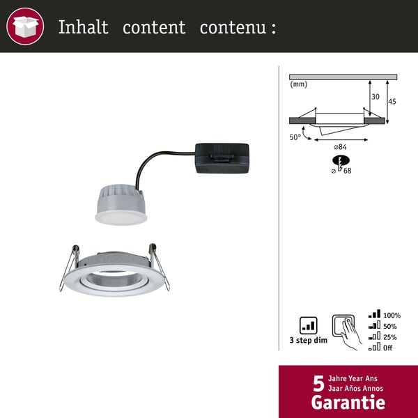 Paulmann Infälld LED lampa 3-Step-Dim Nova Coin 3-stegs dimmer rund 84 mm 50° Coin 6W 470lm 230V dimbar 2700K Aluminium vriden