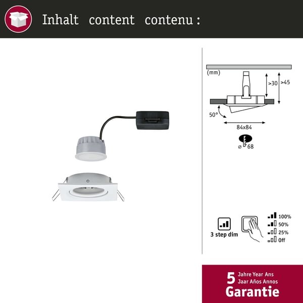 Paulmann Infälld LED lampa 3-Step-Dim Nova Coin 3-stegs dimmer vinkelformad 84x84 mm 50° Coin 6W 470lm 230V dimbar 2700K Vit matt